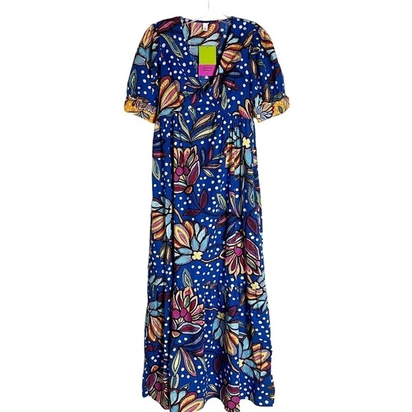 Tabitha Brown Blue Floral Polk Dot Maxi Dress Size Small - Picture 2 of 10
